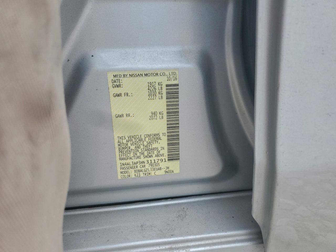 Lot #3305761805 2017 NISSAN ALTIMA 2.5