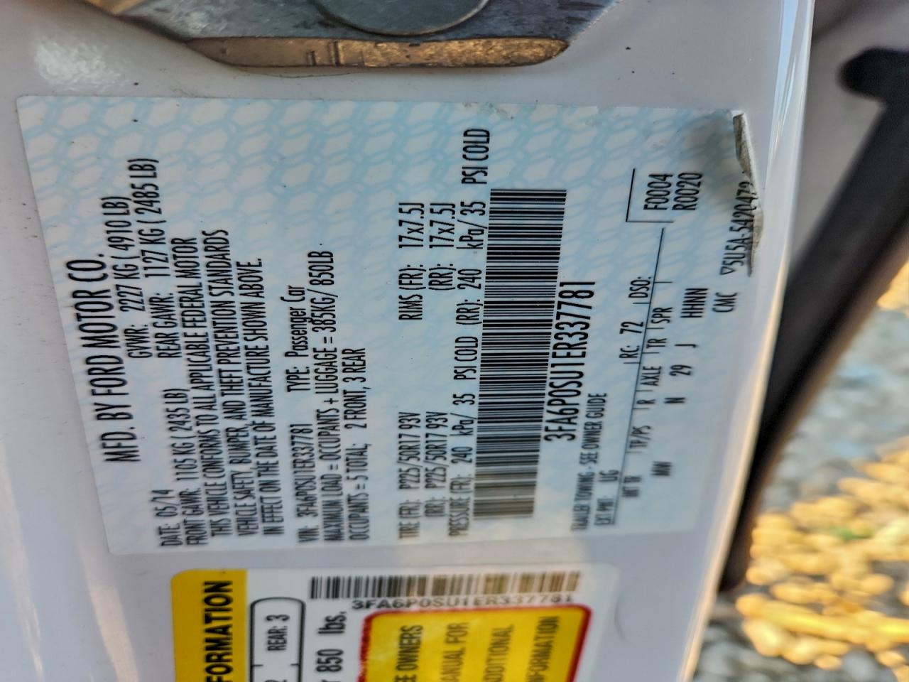 Lot #3318016543 2014 FORD FUSION TIT