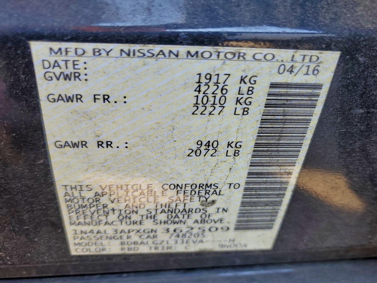 Lot #3315718343 2016 NISSAN ALTIMA 2.5