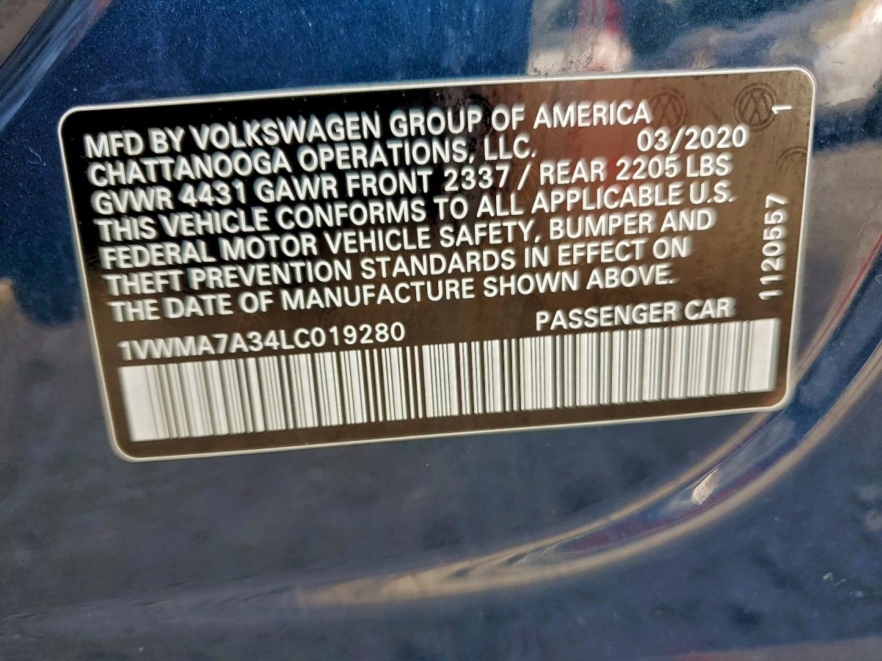 Lot #3315892118 2020 VOLKSWAGEN PASSAT R-L