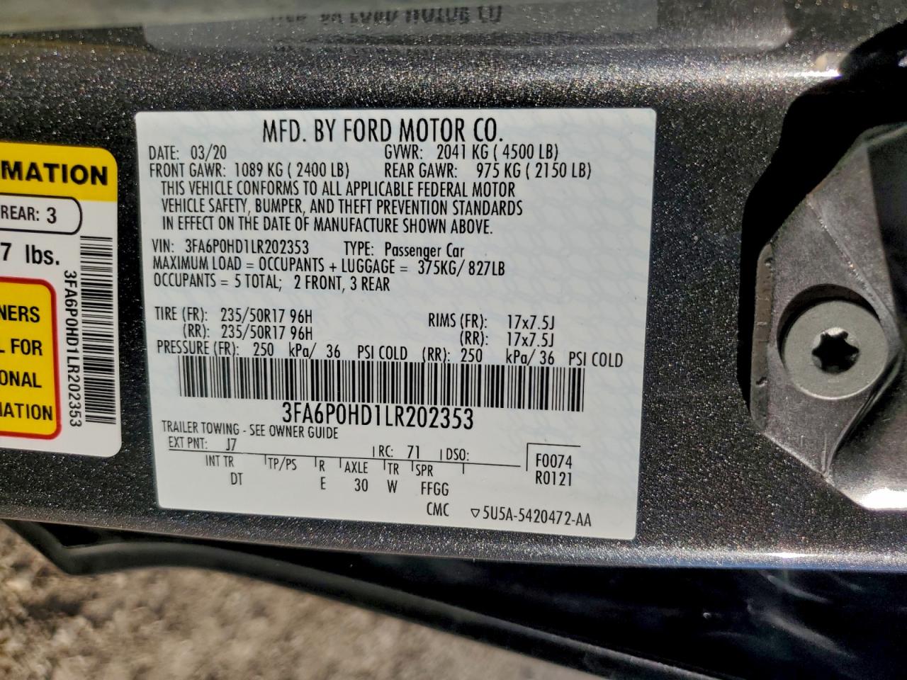 Lot #3309293615 2020 FORD FUSION SE