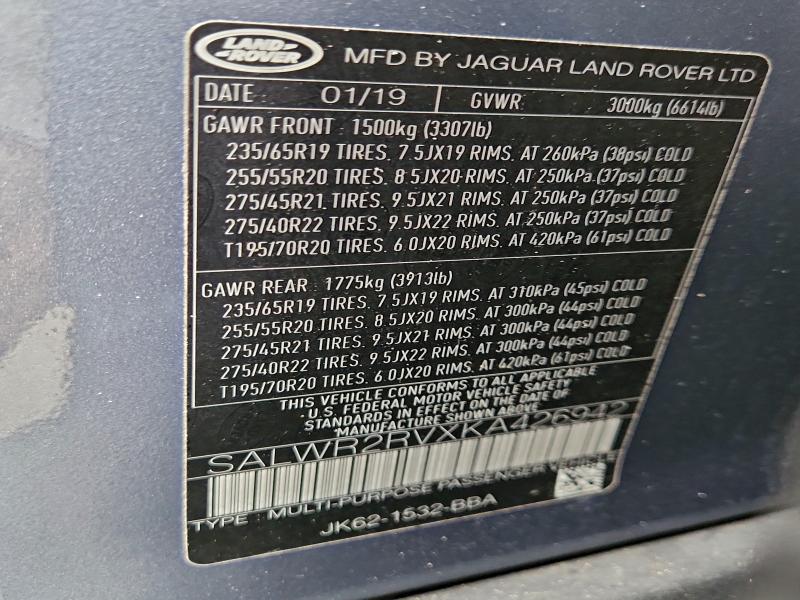 2019 LAND ROVER RANGE ROVE #3303817430