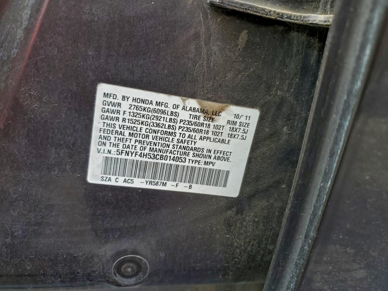 Lot #3310302100 2012 HONDA PILOT EXL