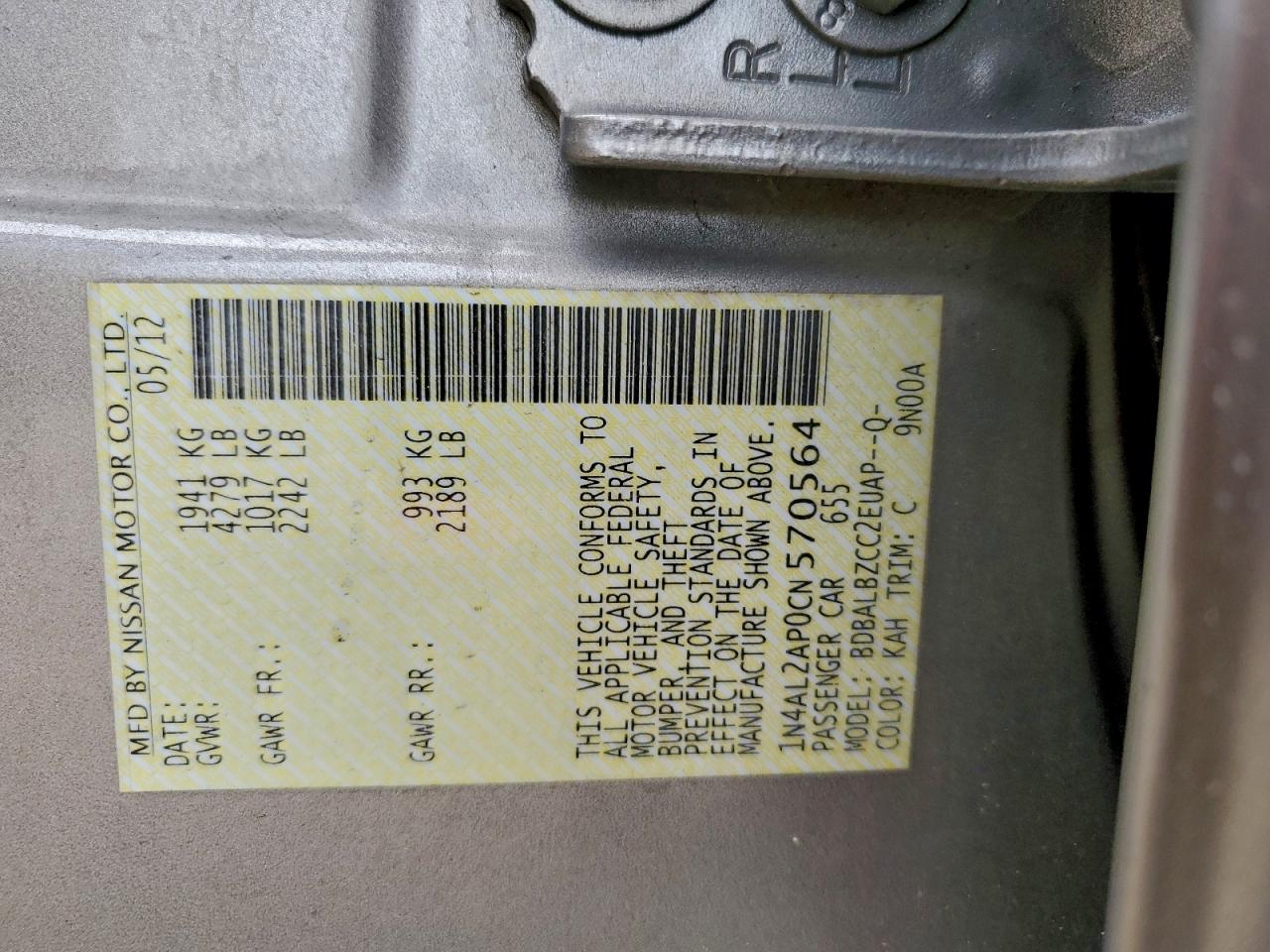 Lot #3311287321 2012 NISSAN ALTIMA BAS