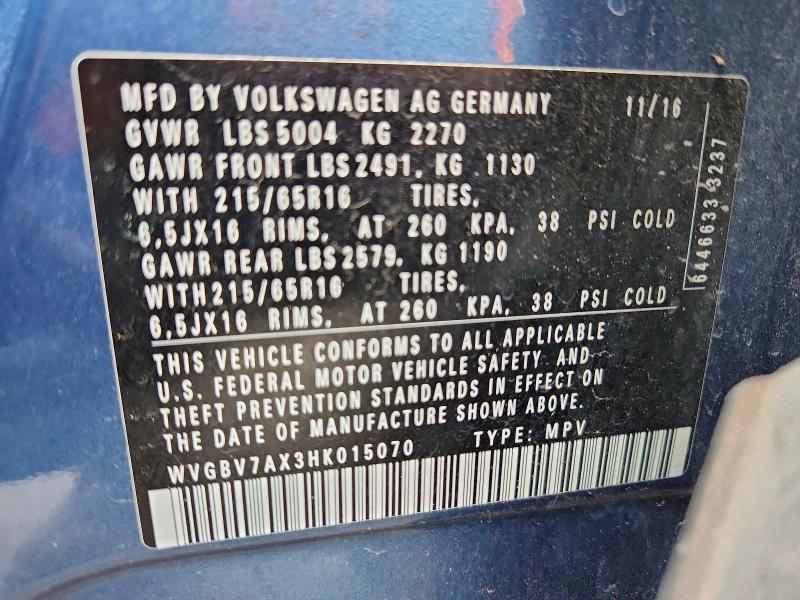 2017 VOLKSWAGEN TIGUAN S #3304659948