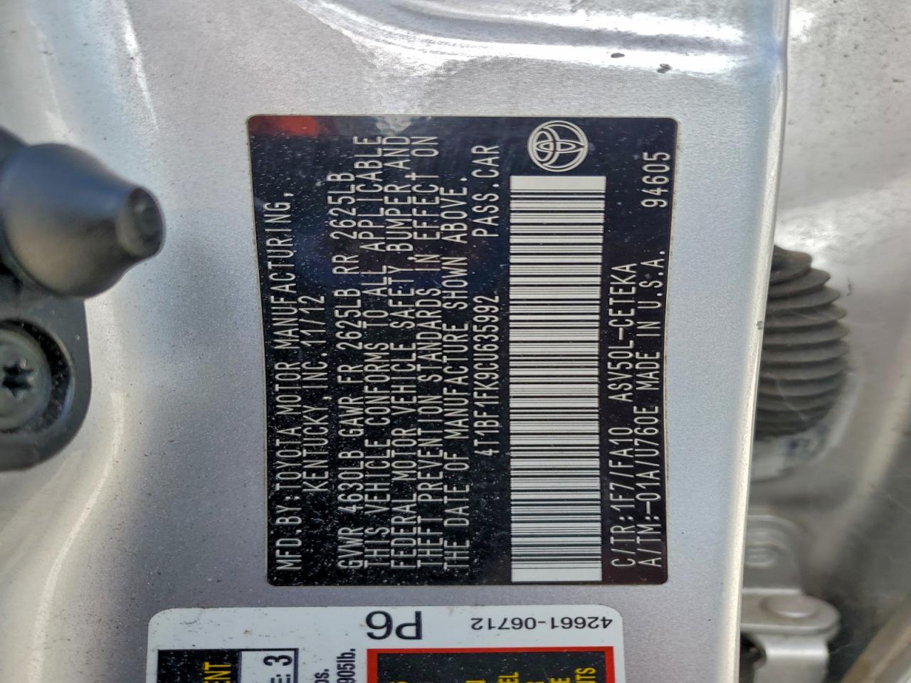 Lot #3316779449 2012 TOYOTA CAMRY BASE