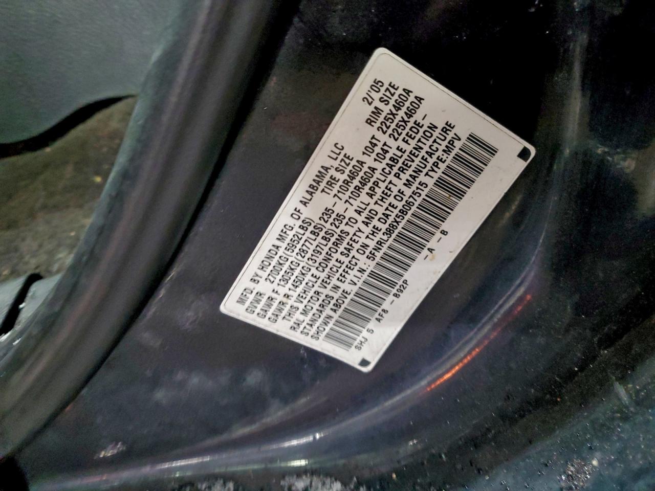 Lot #3310366981 2005 HONDA ODYSSEY TO