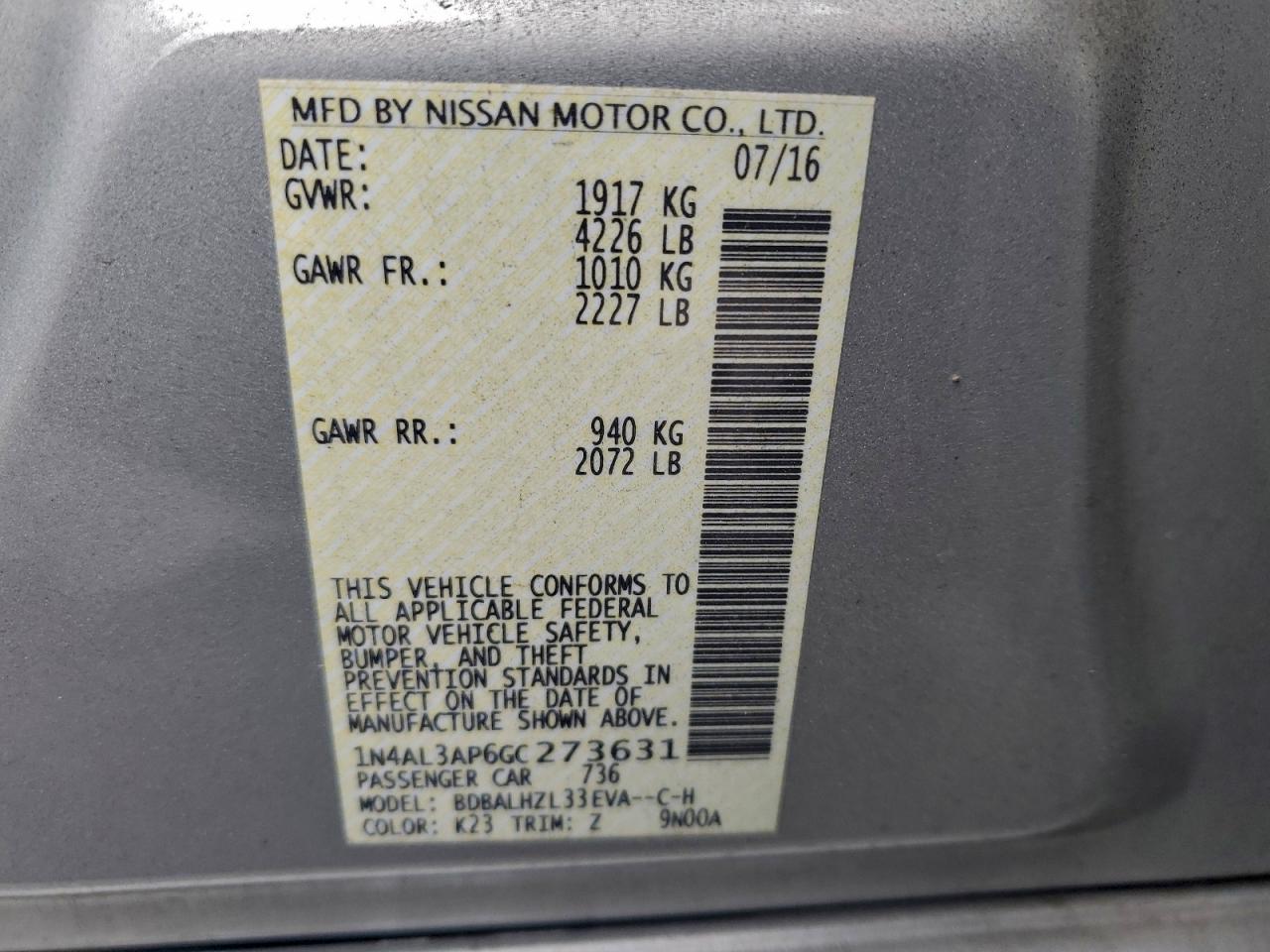 Lot #3310324962 2016 NISSAN ALTIMA 2.5