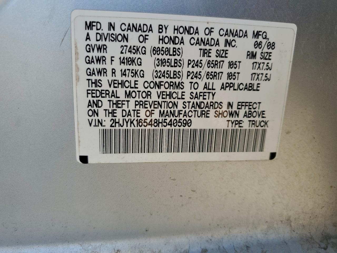 Lot #3312308773 2008 HONDA RIDGELINE