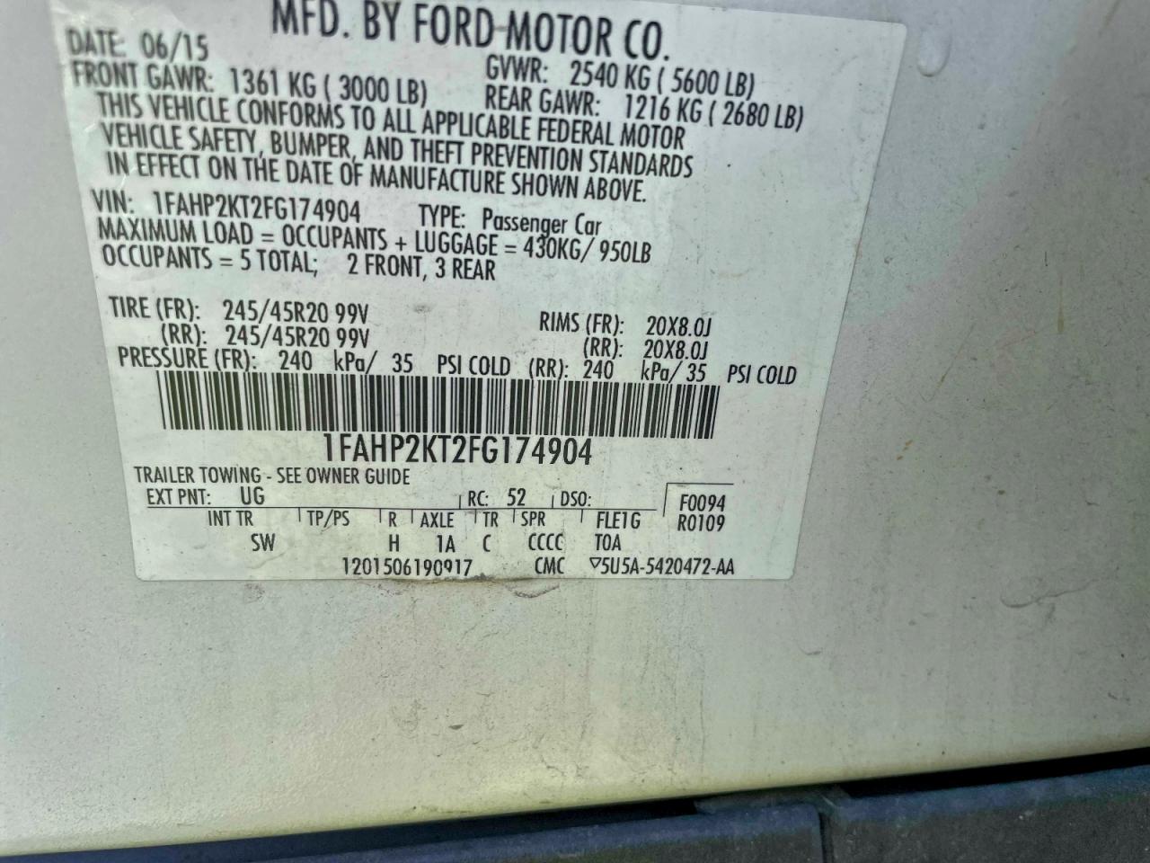 Lot #3308206184 2015 FORD TAURUS SHO