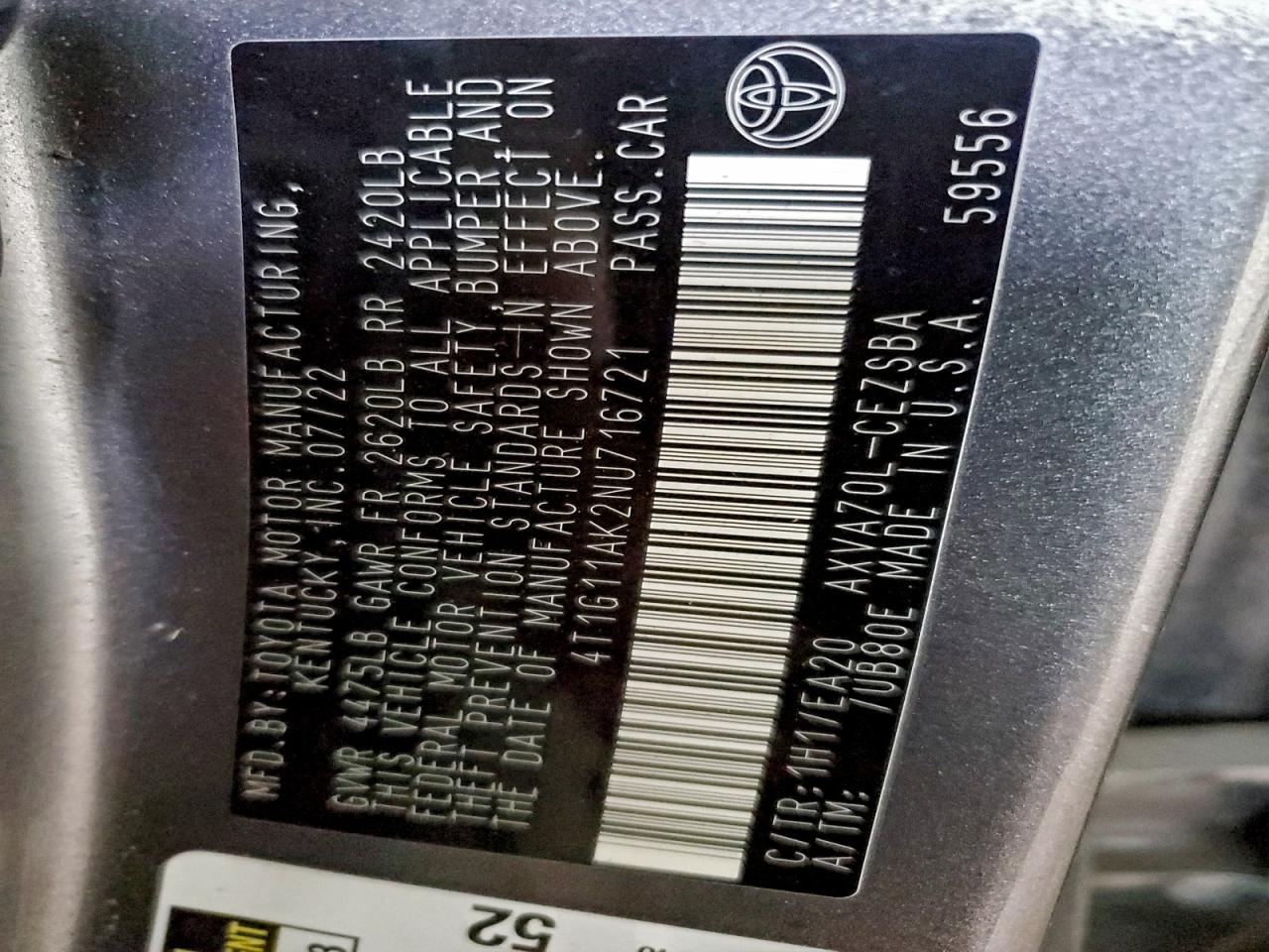 Lot #3310357958 2022 TOYOTA CAMRY SE