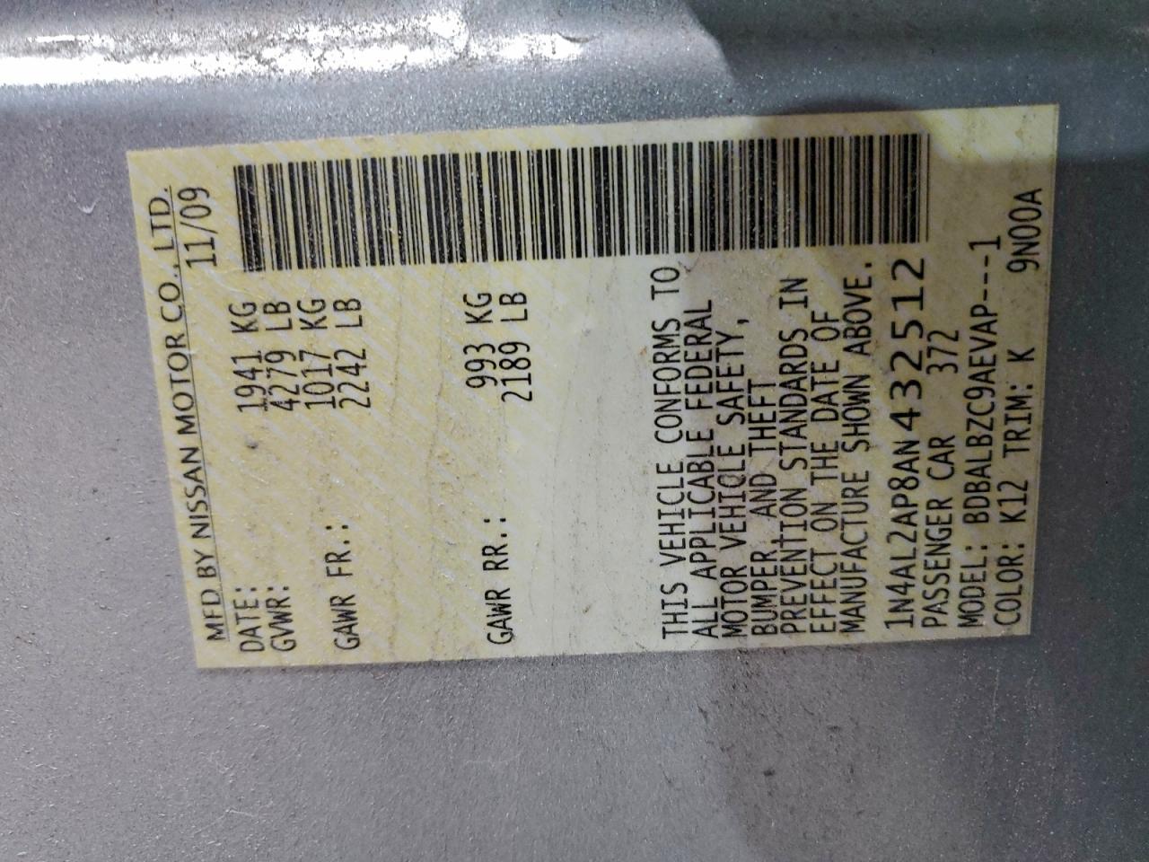 Lot #3302699093 2010 NISSAN ALTIMA BAS