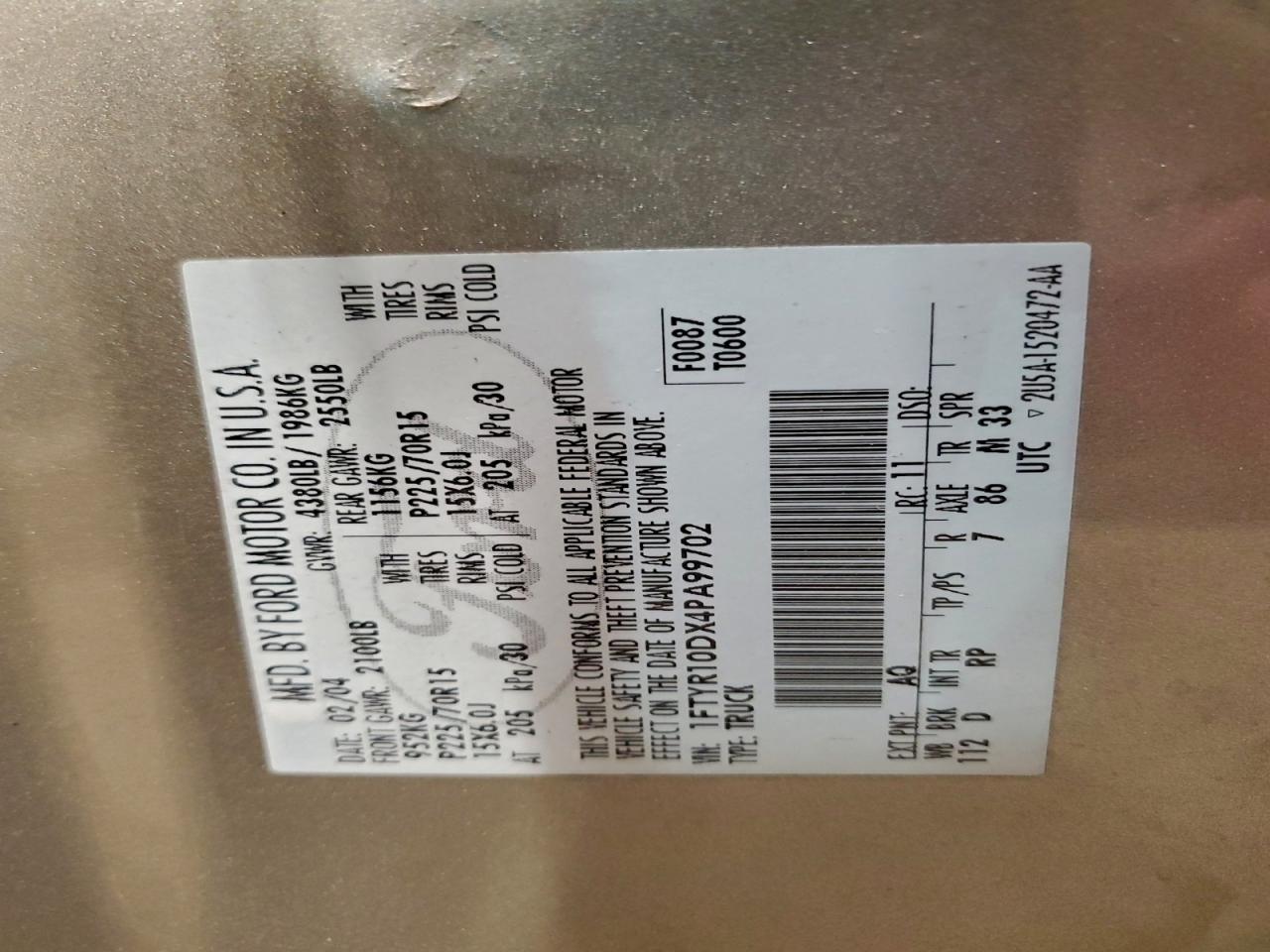 Lot #3302696022 2004 FORD RANGER