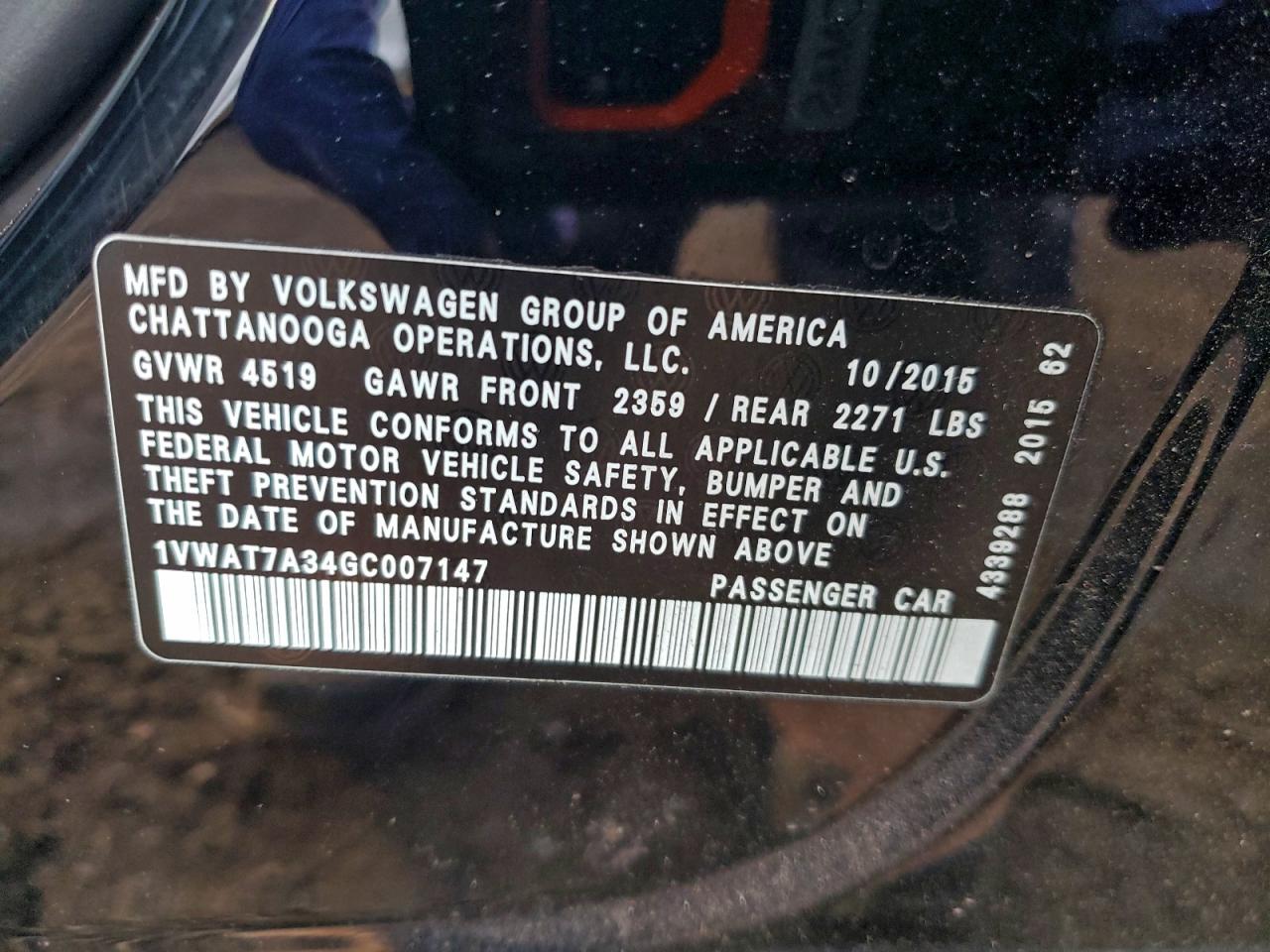 Lot #3312423690 2016 VOLKSWAGEN PASSAT S