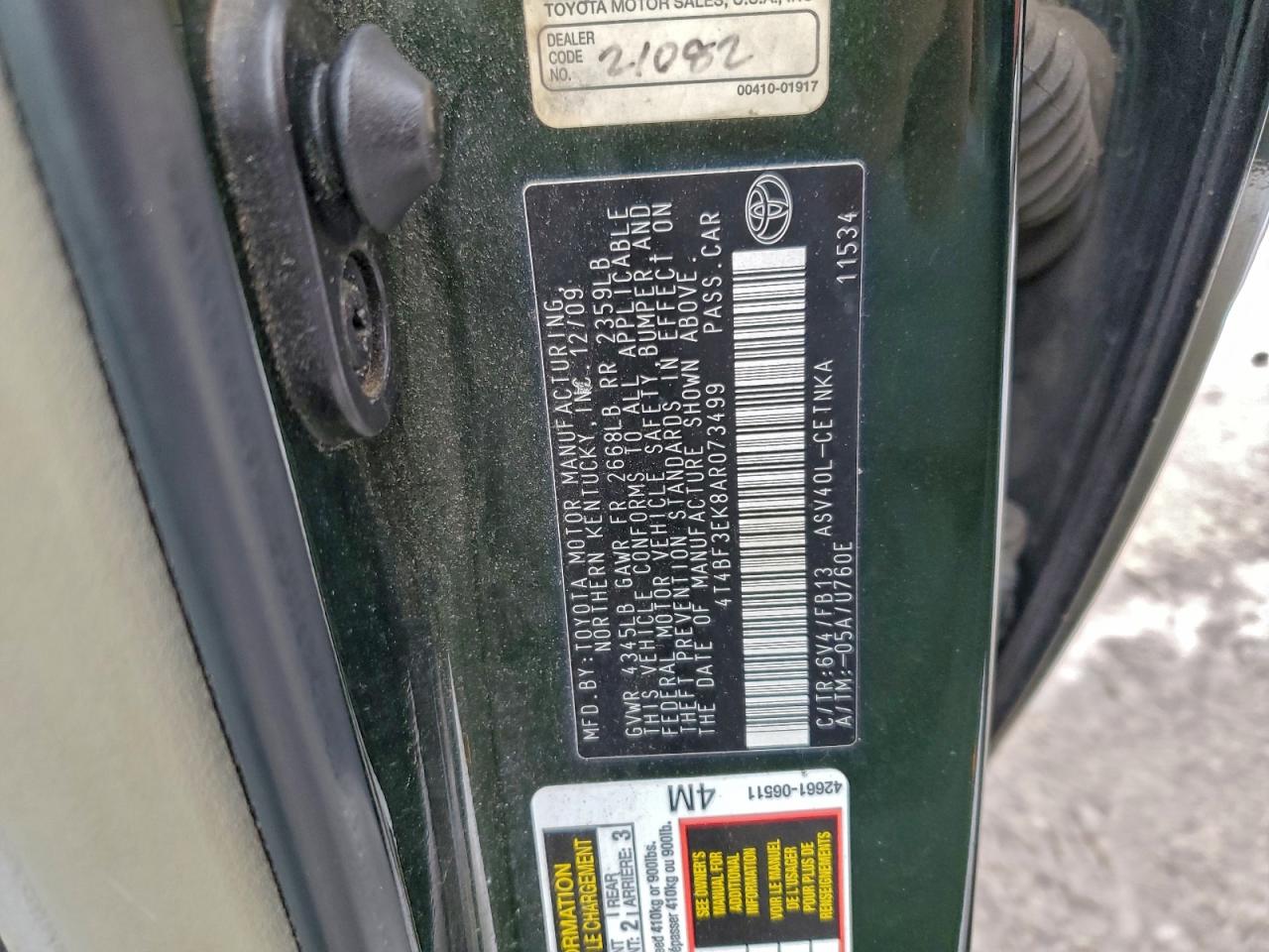 Lot #3305331358 2010 TOYOTA CAMRY BASE