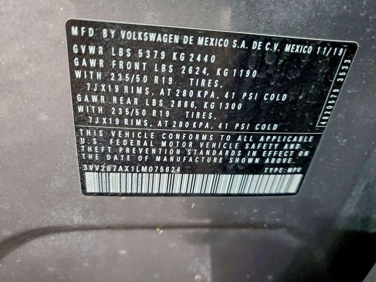 Lot #3317760120 2020 VOLKSWAGEN TIGUAN SE