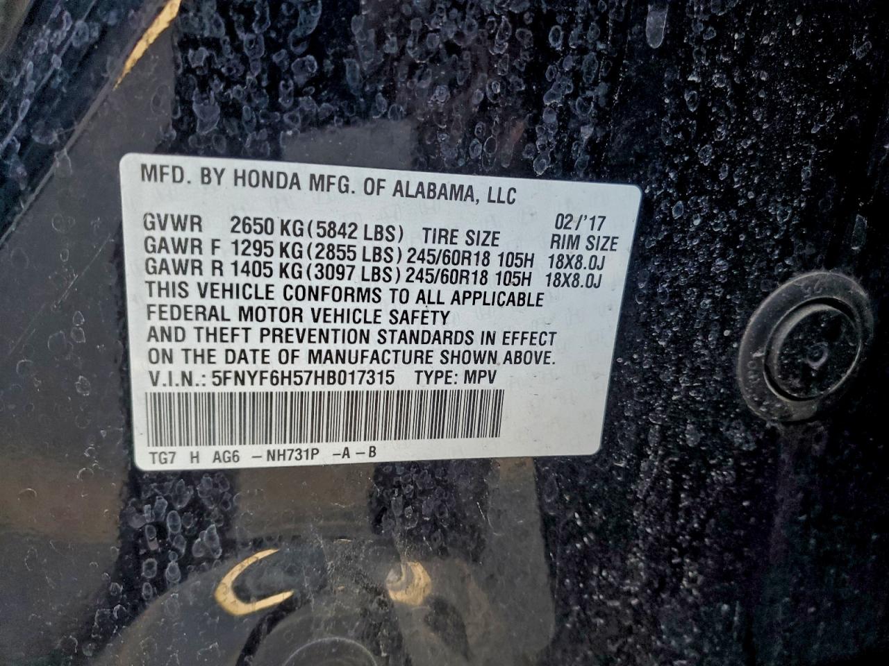 Lot #3304557449 2017 HONDA PILOT EXL