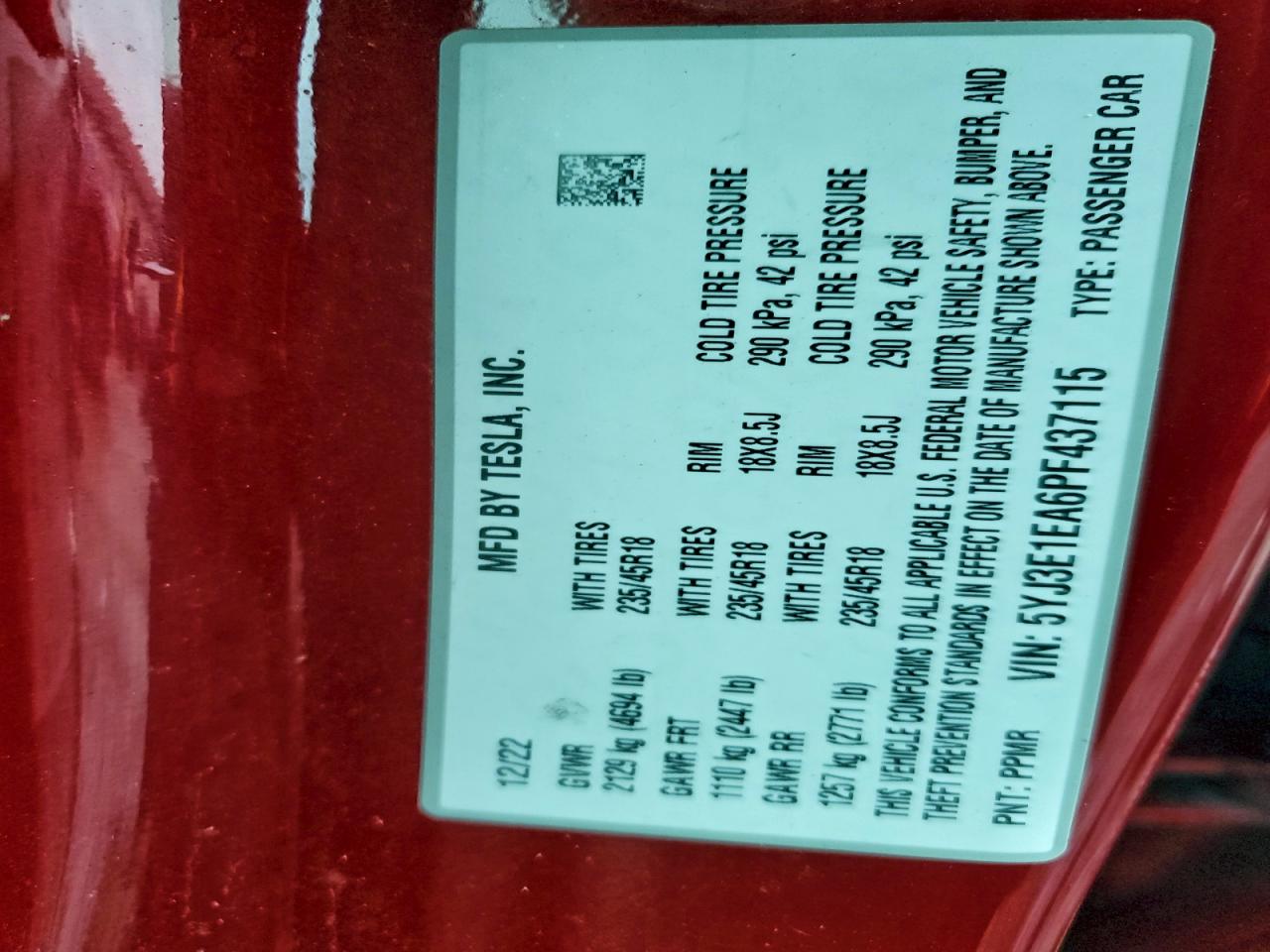 Lot #3317788085 2023 TESLA MODEL 3