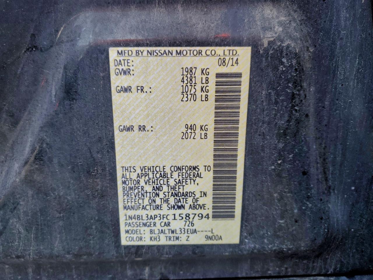 Lot #3310335997 2015 NISSAN ALTIMA 3.5