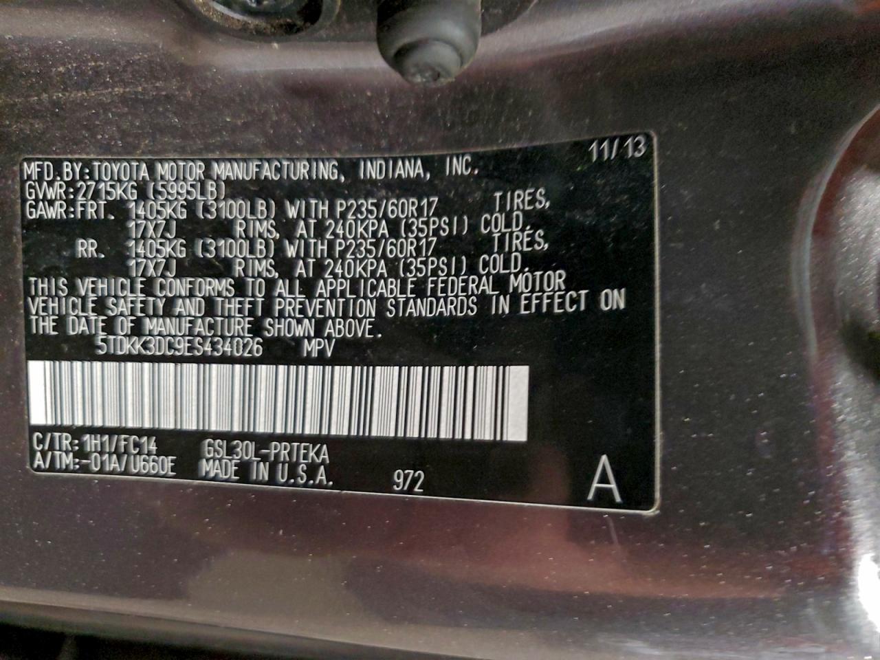 Lot #3312594173 2014 TOYOTA SIENNA