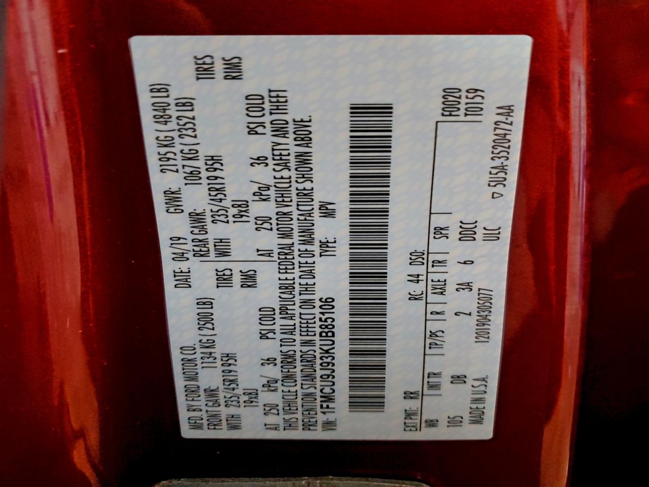 Lot #3311722246 2019 FORD ESCAPE TIT