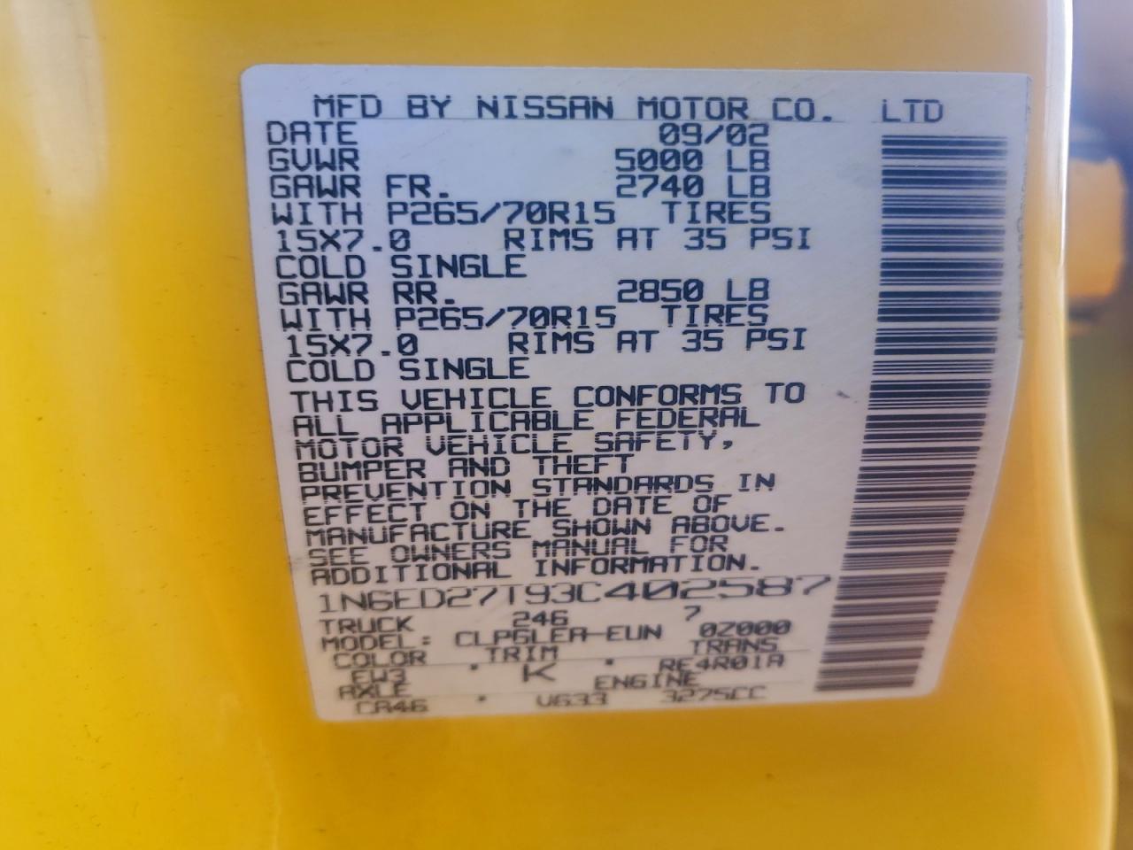 Lot #3301885442 2003 NISSAN FRONTIER C