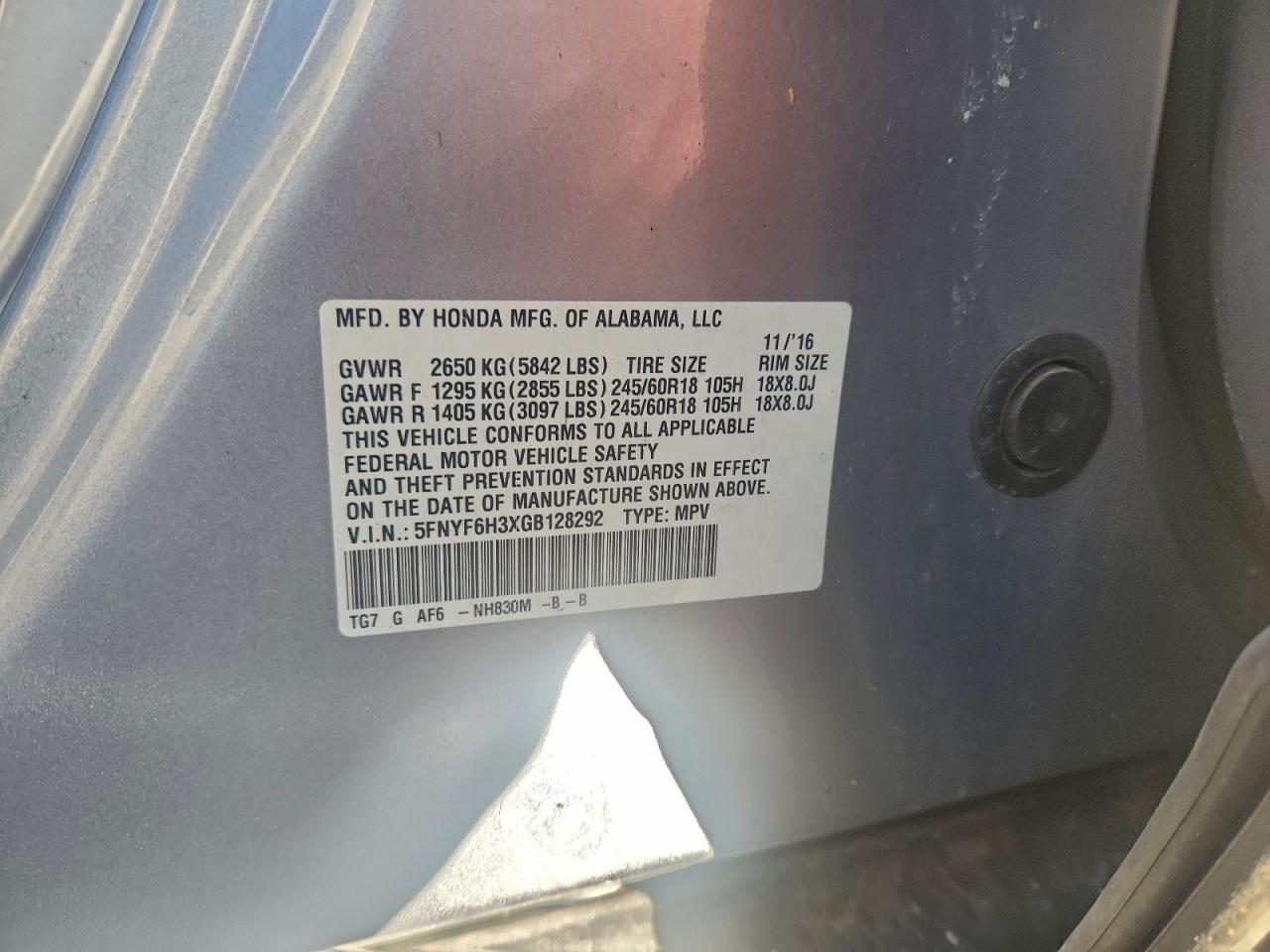 Lot #3312423683 2016 HONDA PILOT EX