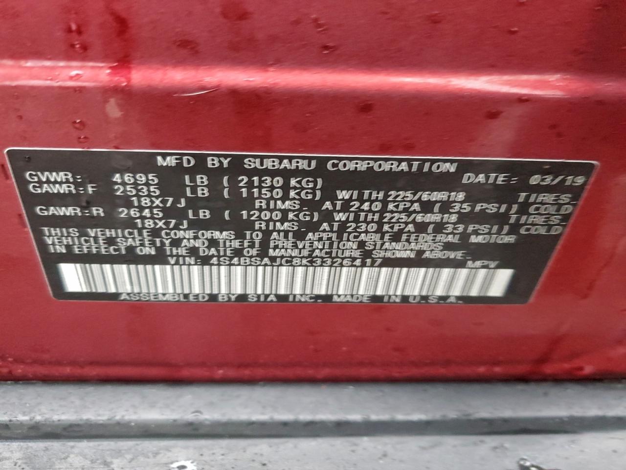 Lot #3316081279 2019 SUBARU OUTBACK 2.