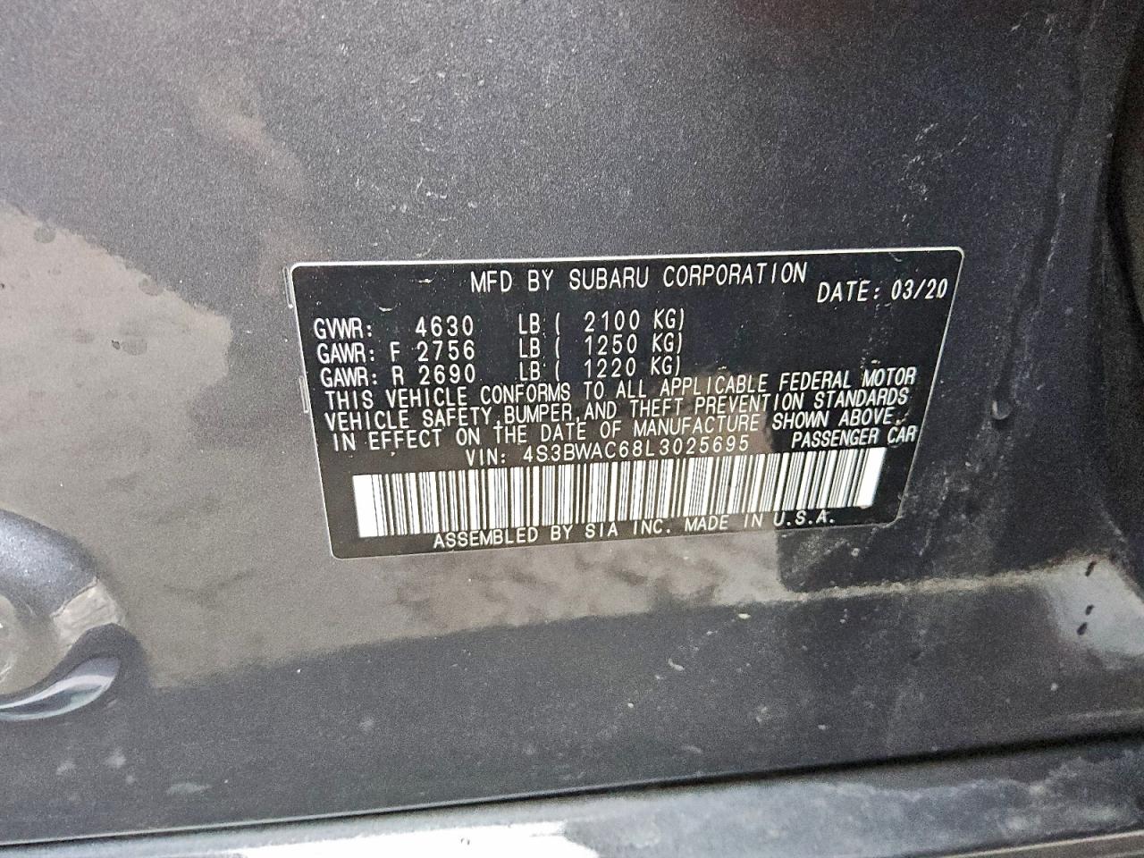 Lot #3316802421 2020 SUBARU LEGACY PRE