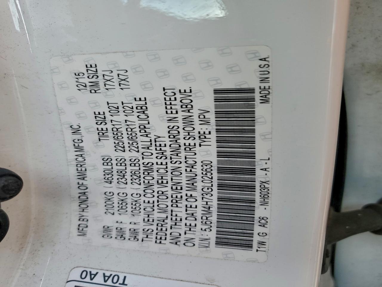 Lot #3317726099 2016 HONDA CR-V EXL