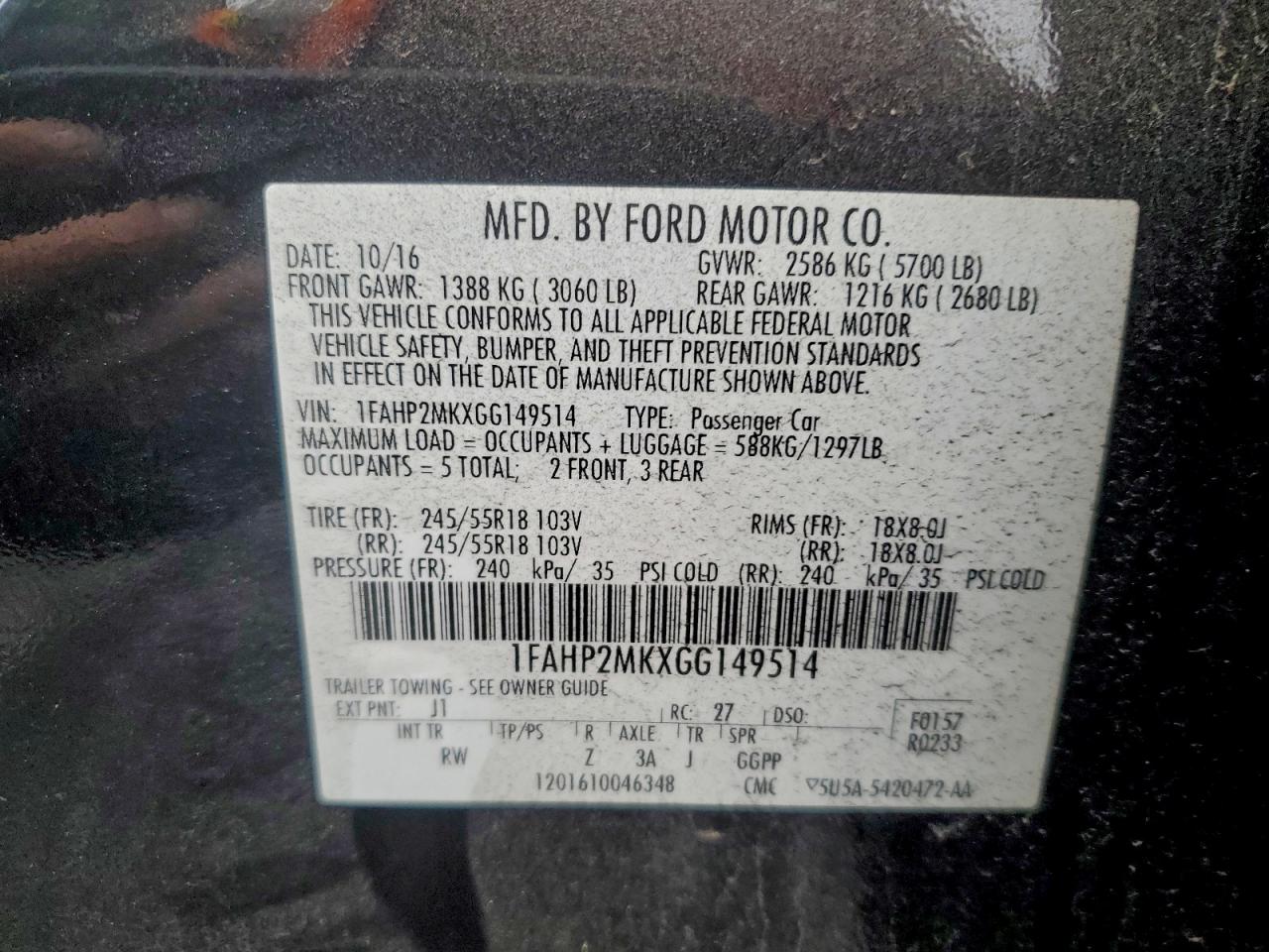 Lot #3315970123 2016 FORD TAURUS POL
