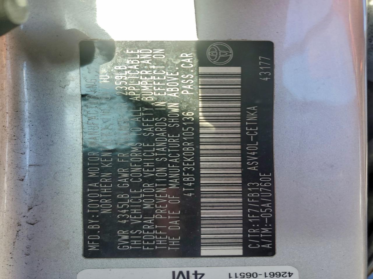 Lot #3309212639 2011 TOYOTA CAMRY BASE