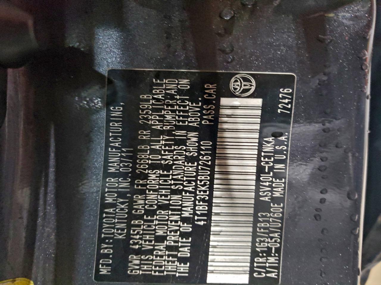 Lot #3305321299 2011 TOYOTA CAMRY BASE