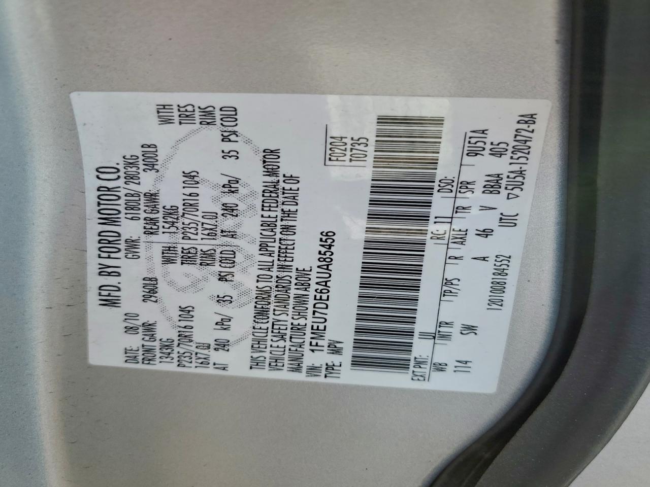 Lot #3308214365 2010 FORD EXPLORER X