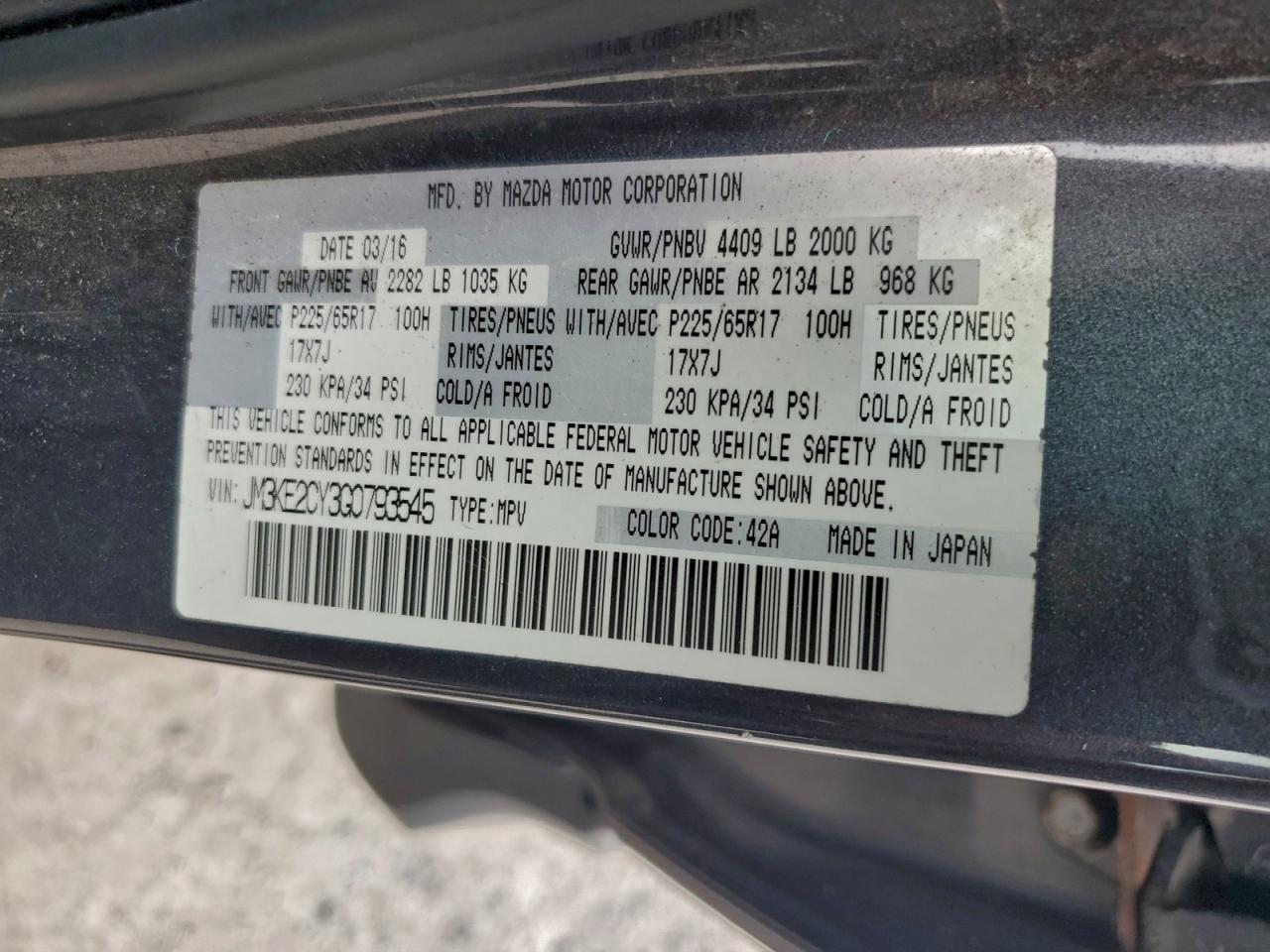 Lot #3317102009 2016 MAZDA CX-5 TOURI