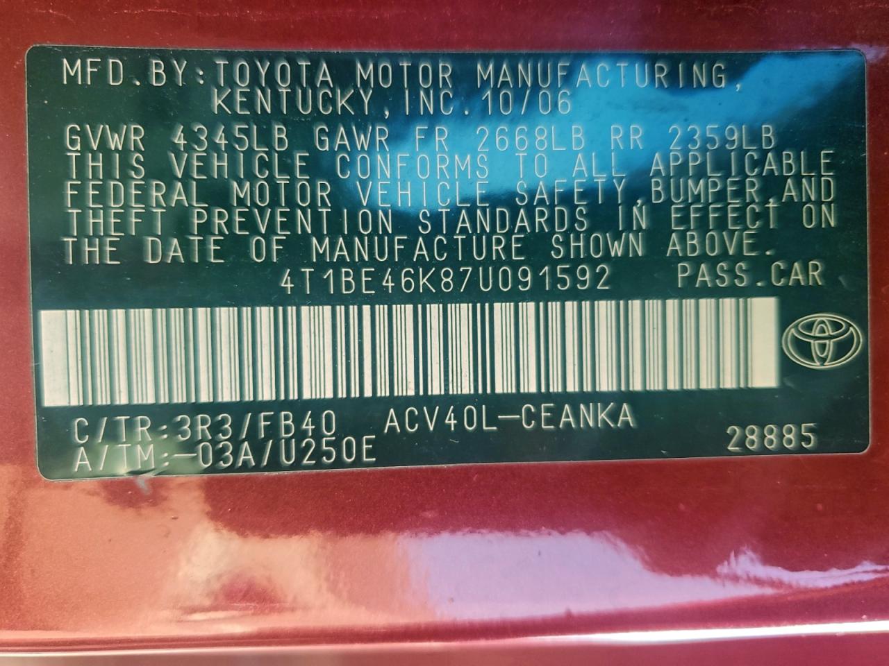 Lot #3311696265 2007 TOYOTA CAMRY CE