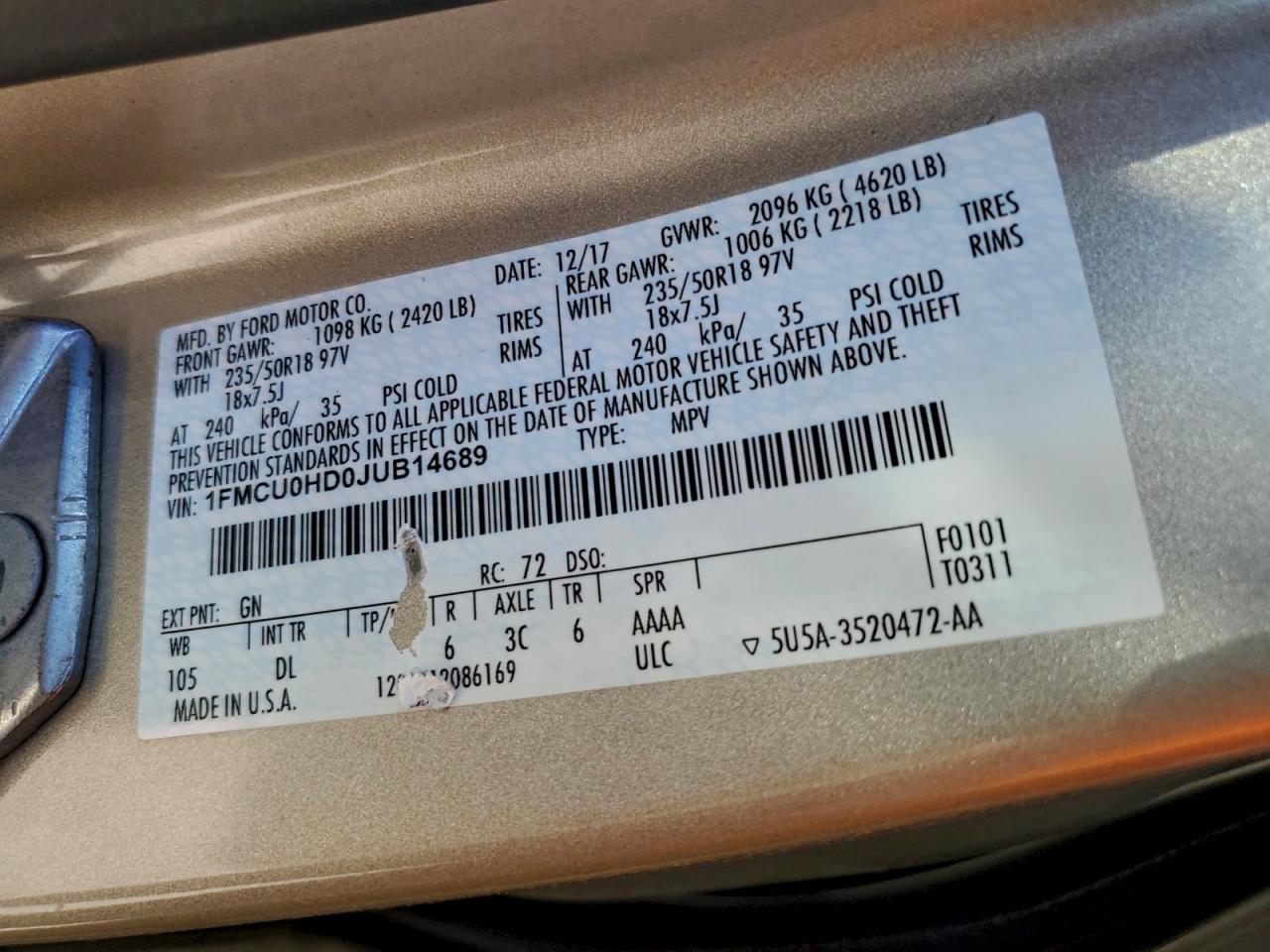 Lot #3311678220 2018 FORD ESCAPE SEL