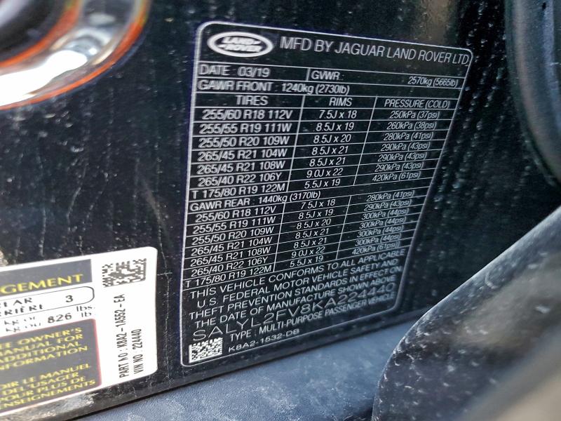 2019 LAND ROVER RANGE ROVE #3316017807