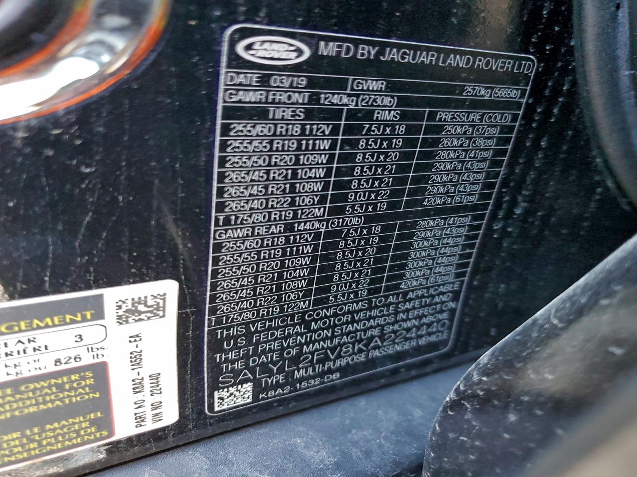 Lot #3316017807 2019 LAND ROVER RANGE ROVE