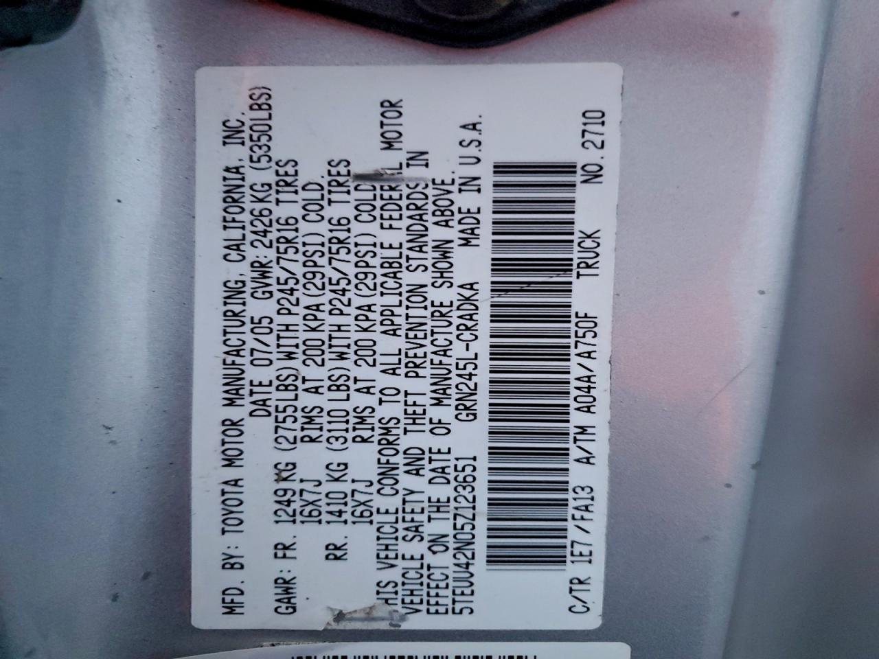 Lot #3311696273 2005 TOYOTA TACOMA ACC