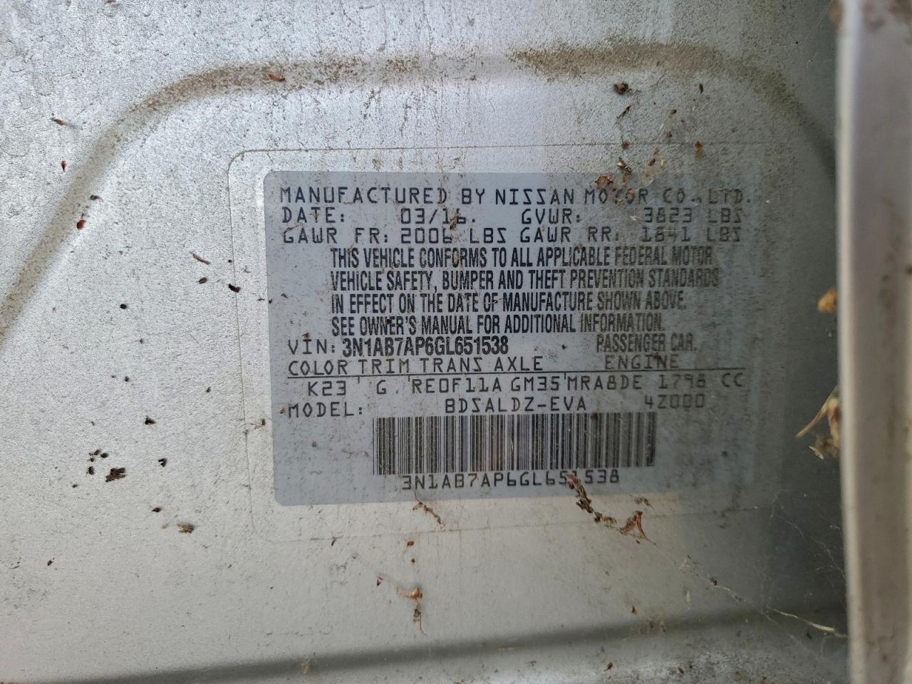 Lot #3318186944 2016 NISSAN SENTRA S