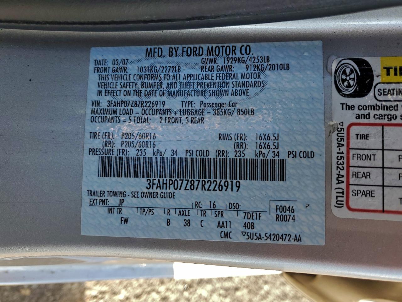 Lot #3305305332 2007 FORD FUSION SE