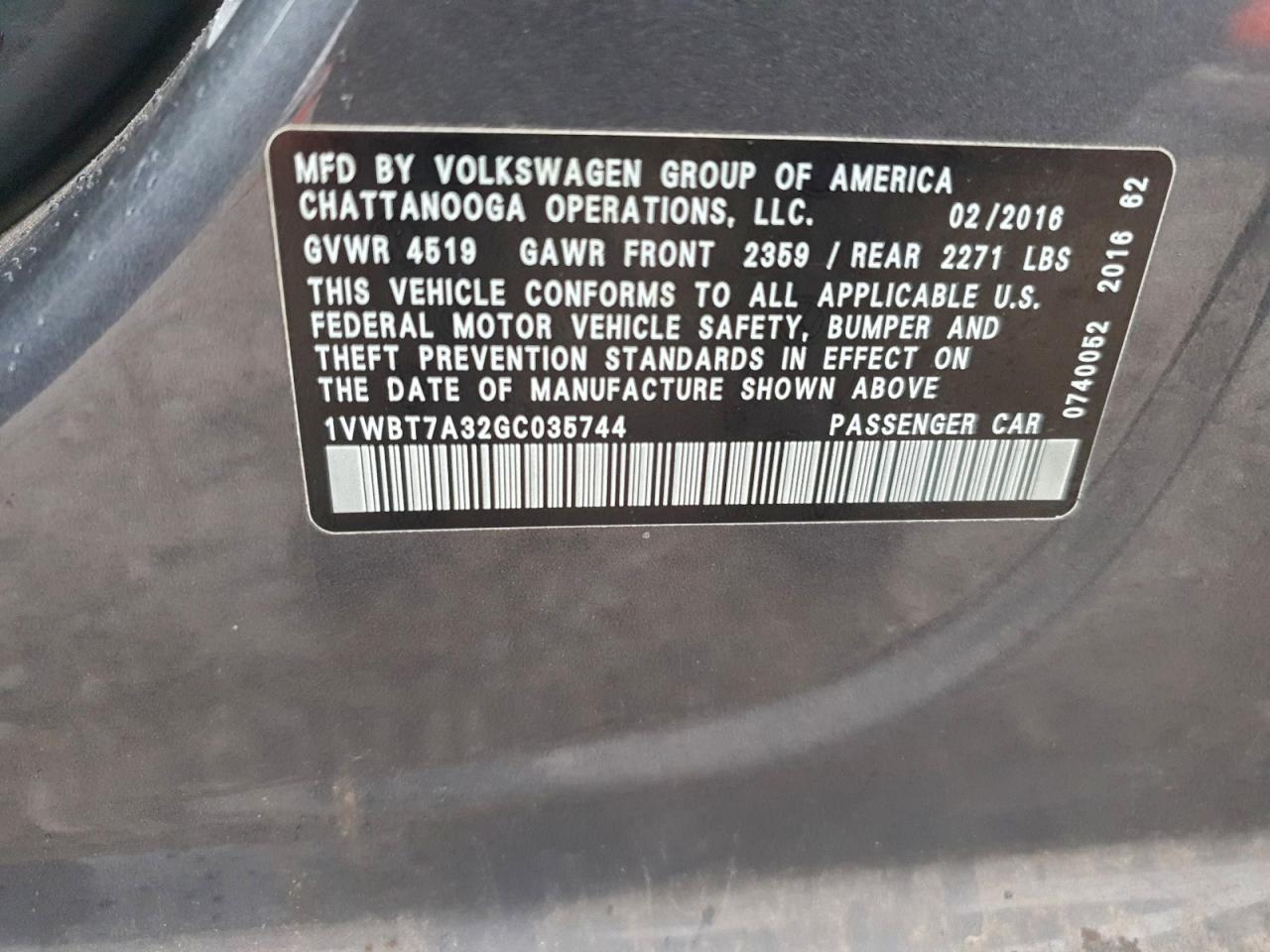 Lot #3312427665 2016 VOLKSWAGEN PASSAT SE