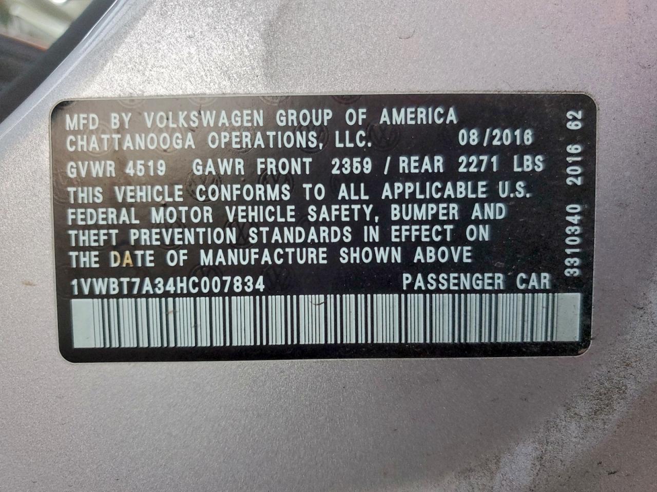 Lot #3309389980 2017 VOLKSWAGEN PASSAT SE