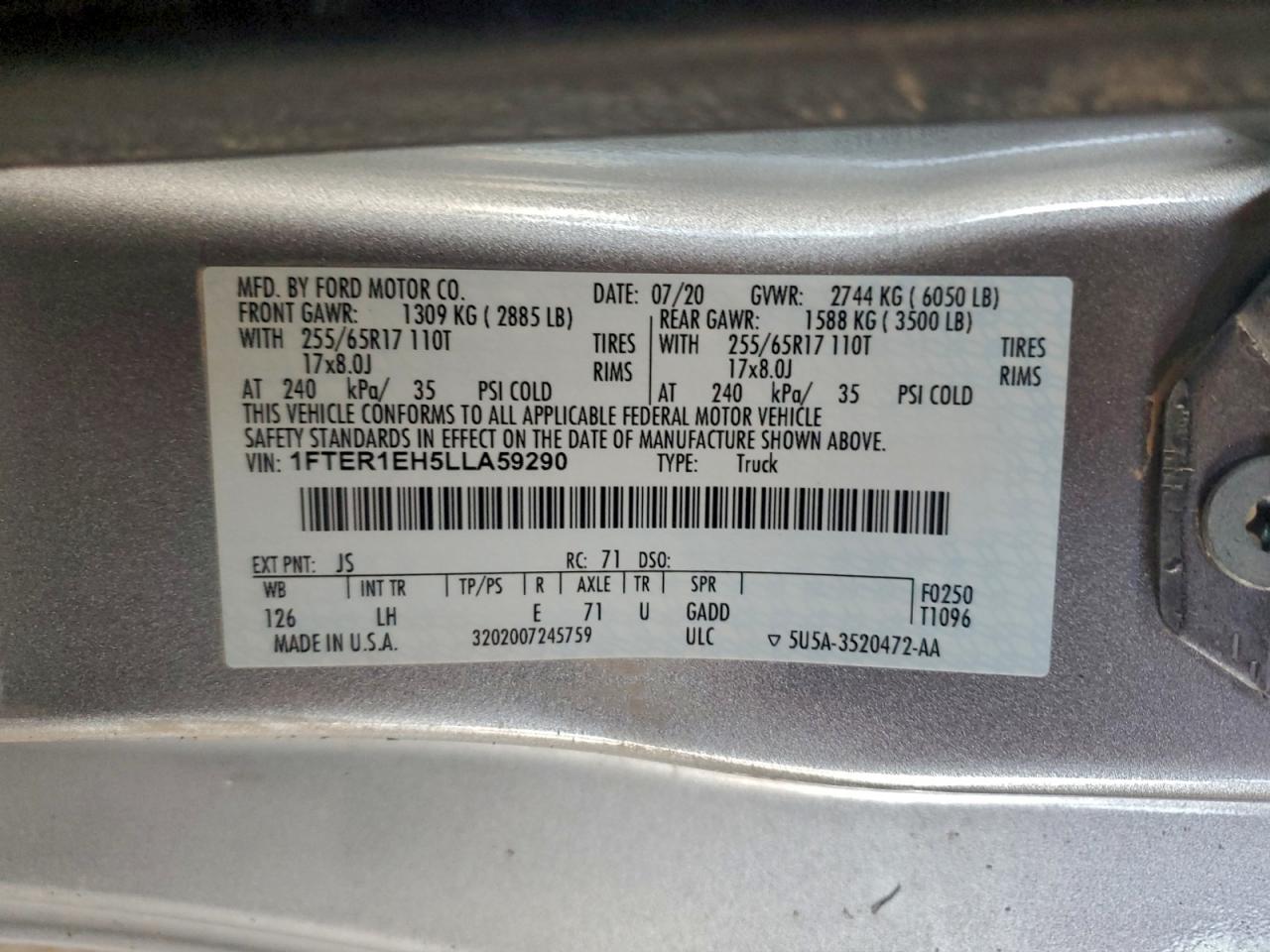 Lot #3311799222 2020 FORD RANGER XL