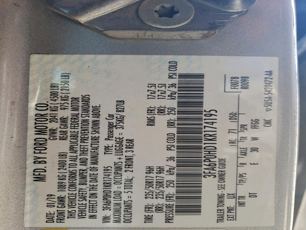 Lot #3319185734 2019 FORD FUSION SE