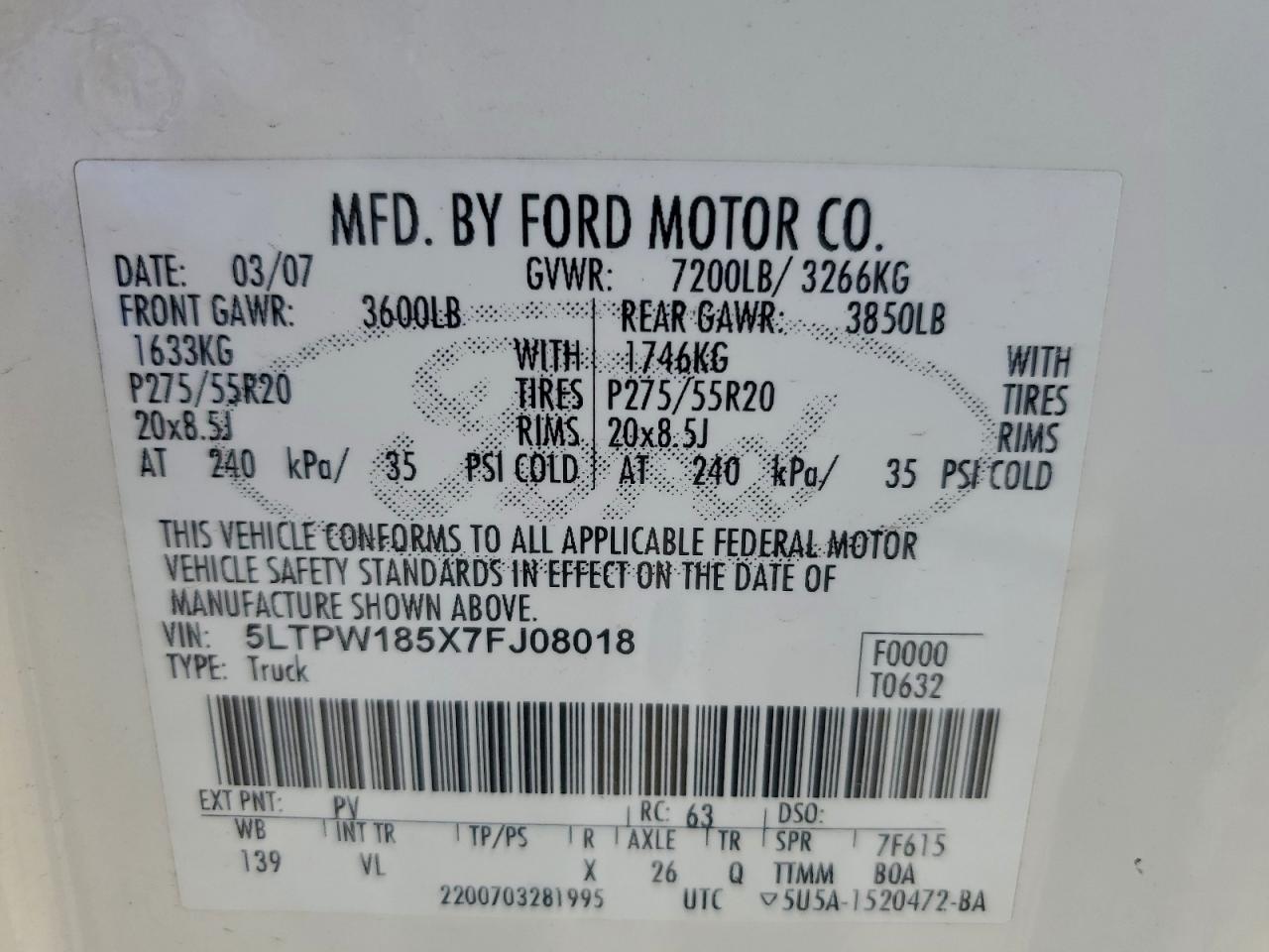 Lot #3302698008 2007 LINCOLN MARK LT