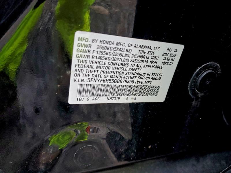 2016 HONDA PILOT EXL #3304865552