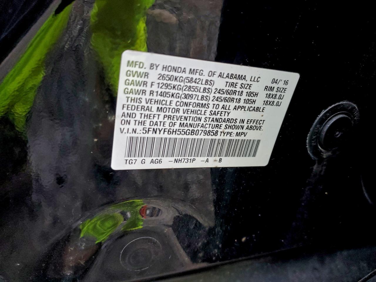 Lot #3304865552 2016 HONDA PILOT EXL