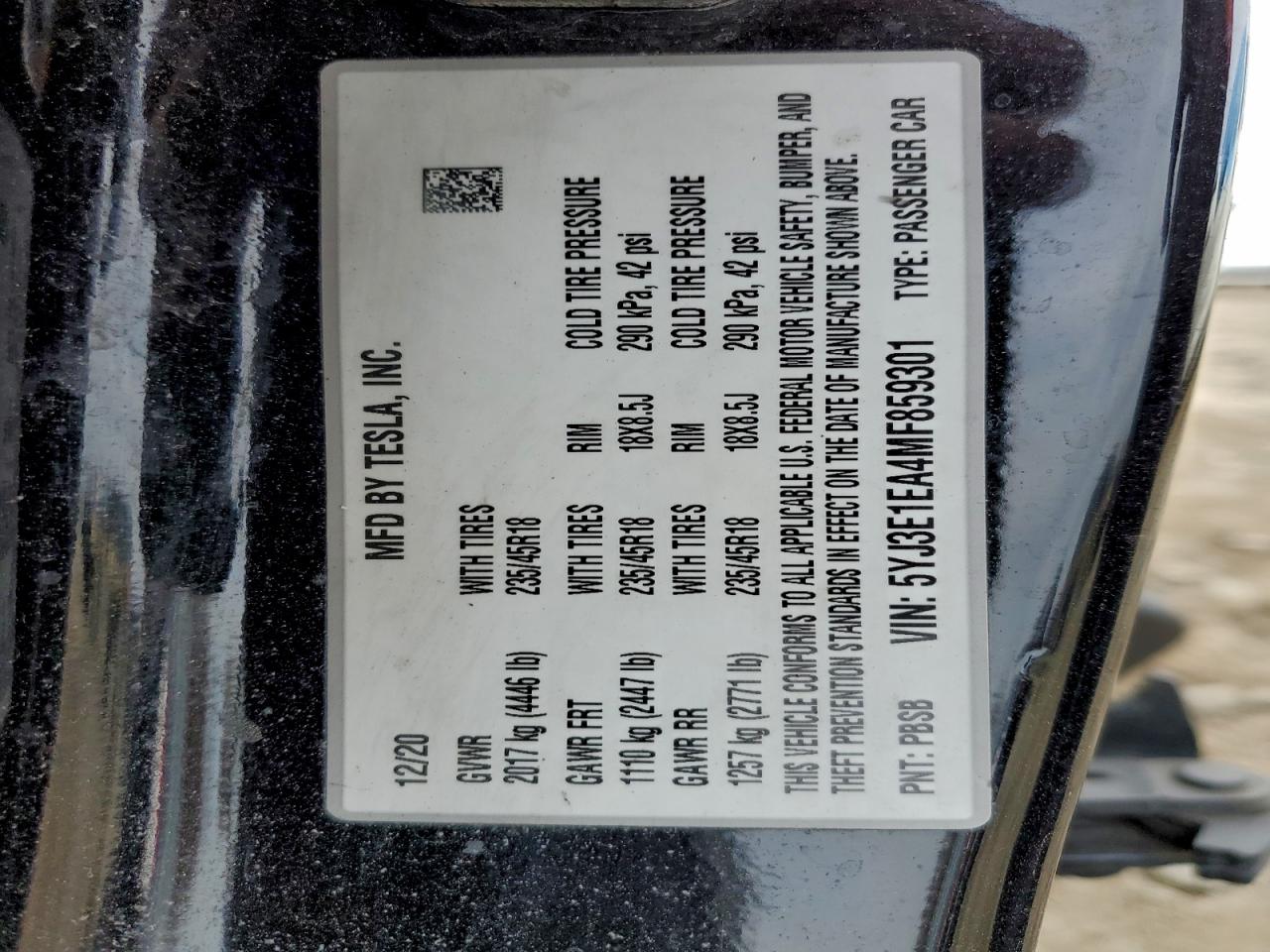 Lot #3311580773 2021 TESLA MODEL 3